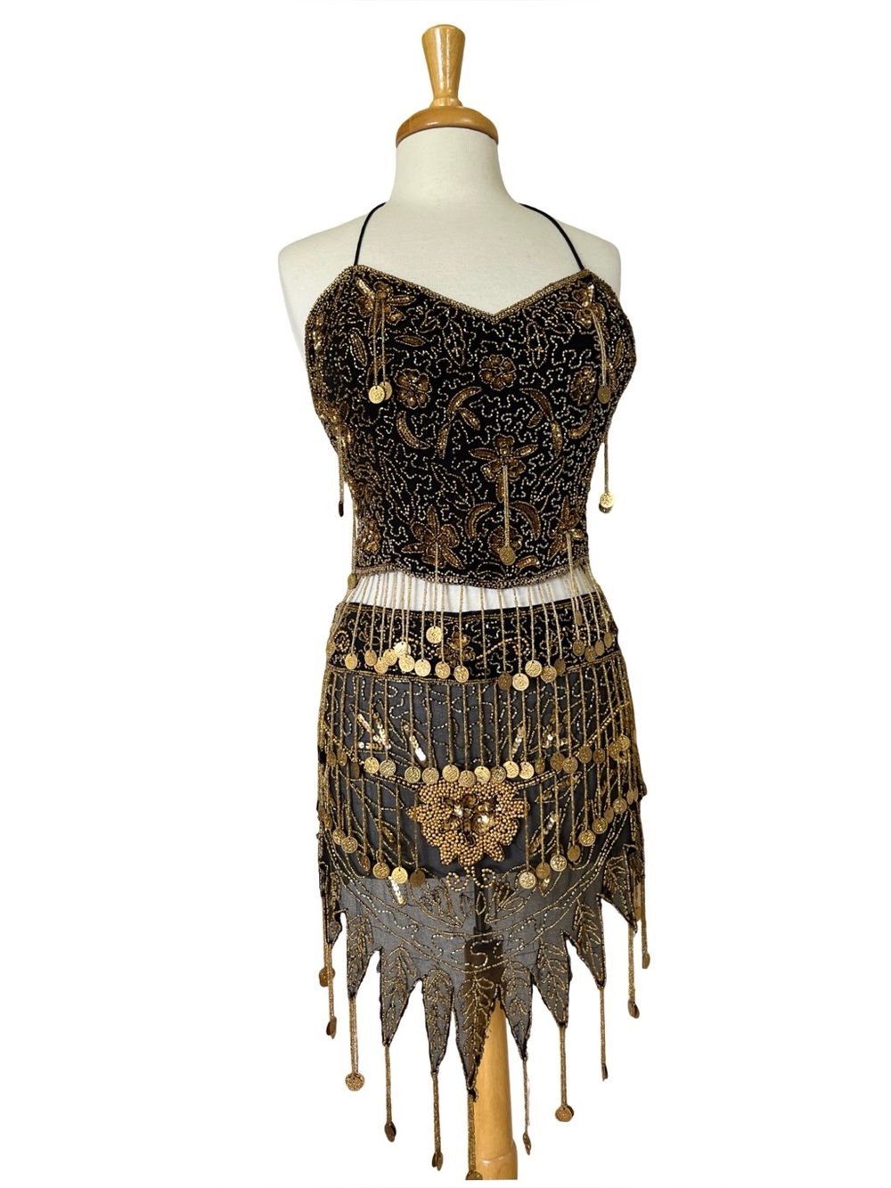 Vintage Turkish Handmade Silk Belly Dance Costume - Beaded Gold Coin 2PC Set